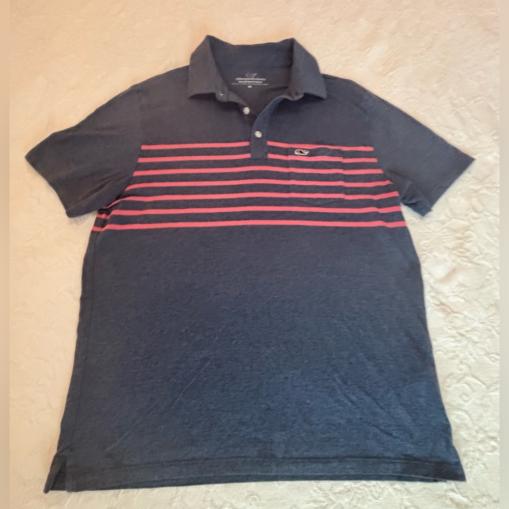 VINEYARD VINES Edgartown Short Sleeve Polo Blue w/“watermelon” stripes Size M